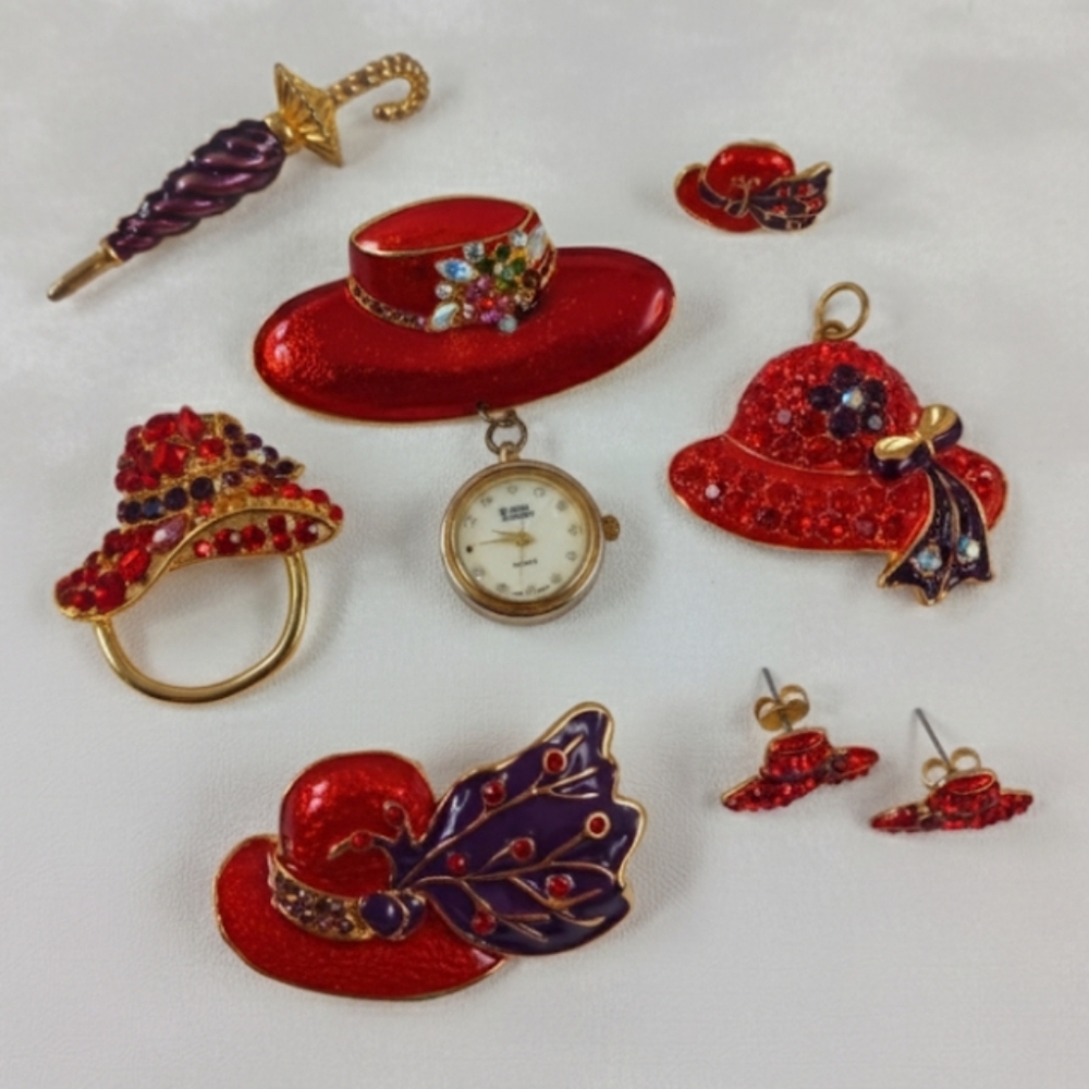Vintage Bond Street Red Hat Society Enameled Rhinestone Jewelry Set